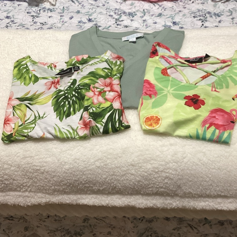 Three Onque Casuals Tropical Print blouses Green and White.